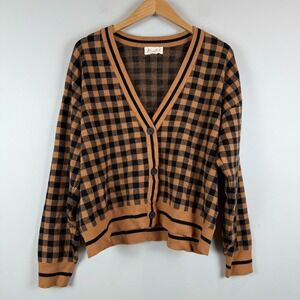 Marled Cardigan Womens XL Black Brown Gingham Plaid Knit Academic Preppy Classic
